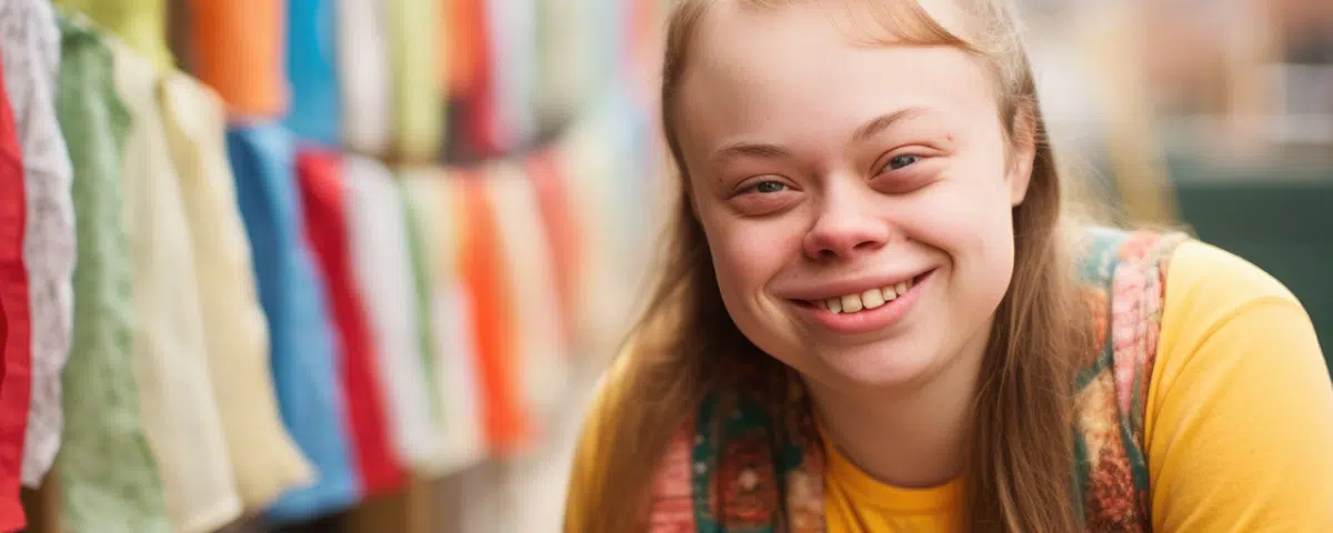 young woman with Downs Syndrome smiling at the camera