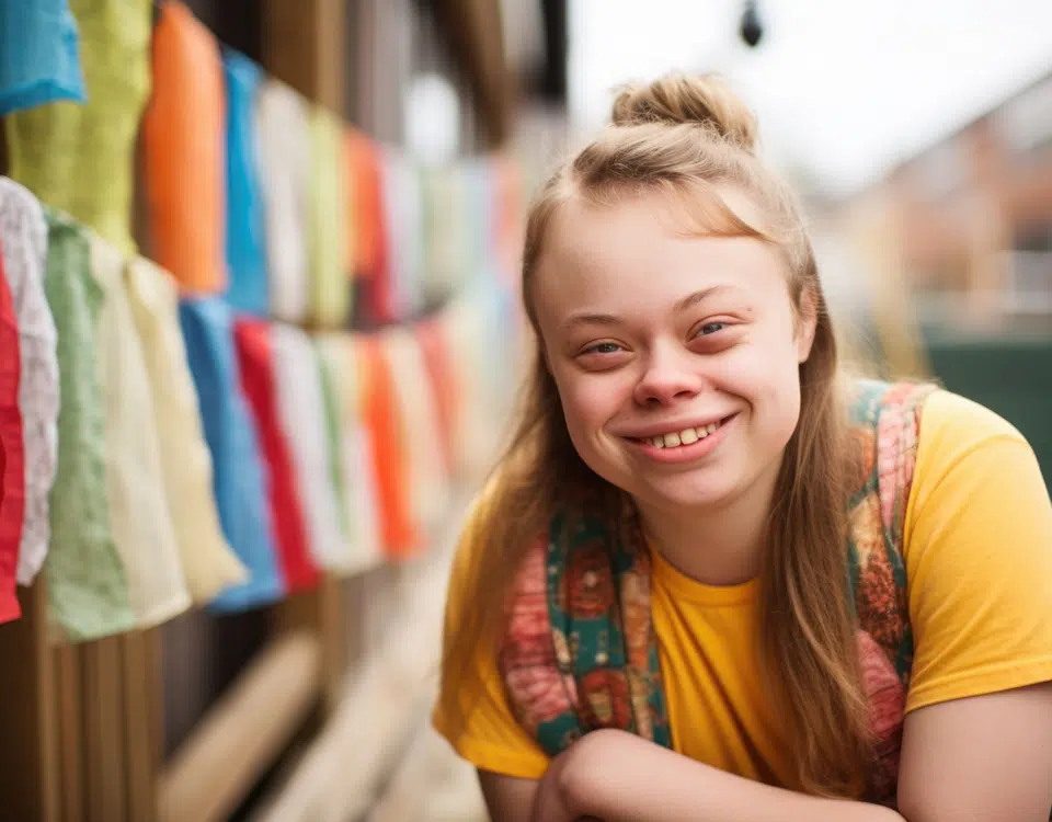 young woman with Downs Syndrome smiling at the camera