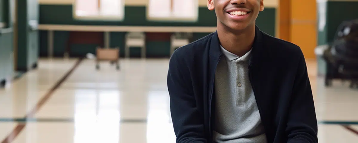 smiling high school student sitting in a wheelchair in school