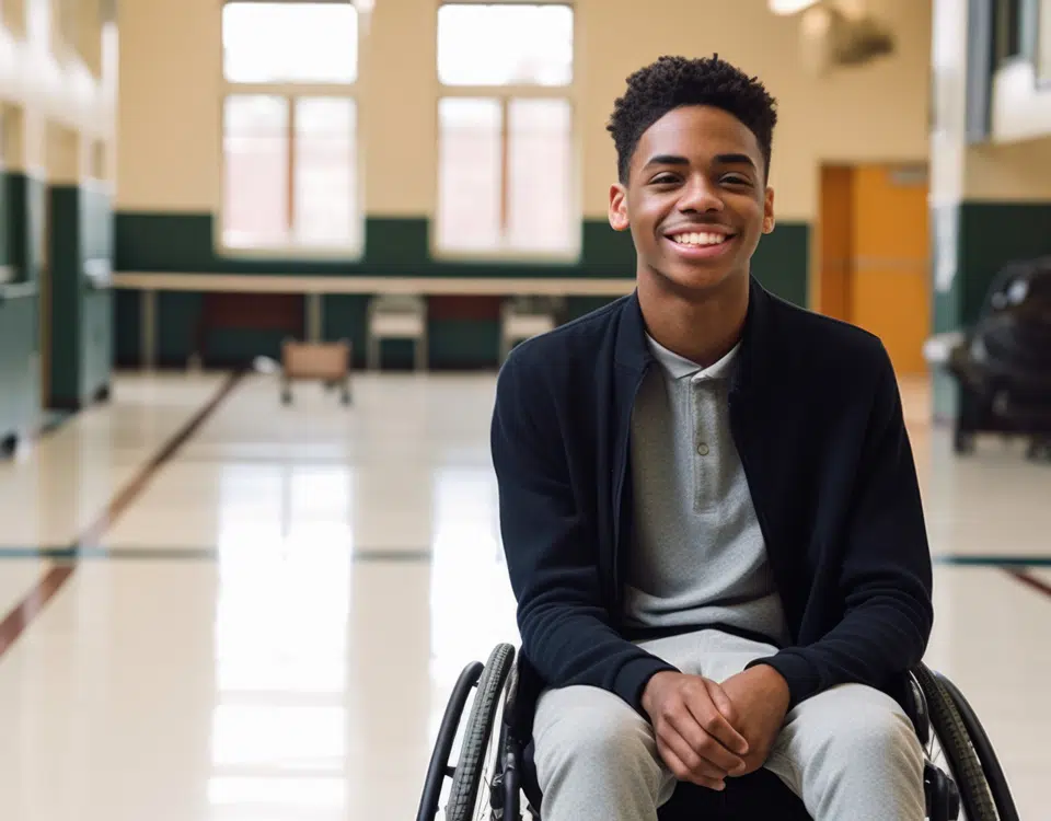 smiling high school student sitting in a wheelchair in school